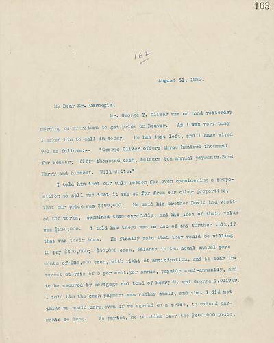 Frick asks Carnegie if they should accept George Oliver's offer and sell Beaver Falls works