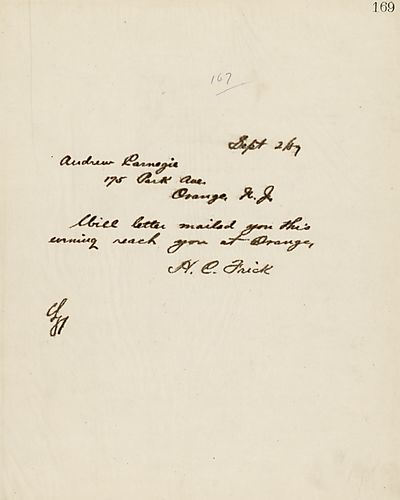 Frick asks Carnegie if his mailed letter will reach him at Orange, [N.J.]