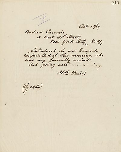 Frick wires Carnegie on introducing the new General Superintendent[Mr. Schwab], who was well received