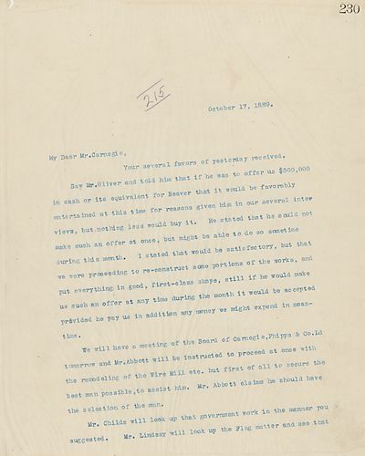 Frick writes Carnegie about his conversation with Mr. Oliver and Frick's refusal to sell Beaver [Falls Works] for less than $500,000