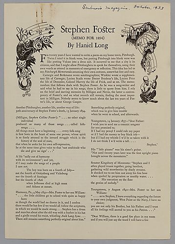 "Stephen Foster (memo for 1894)" by Haniel Long, Scribner's Magazine
