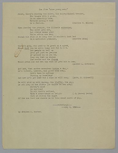 Typed transcript of poem "The five 'nice young men'" by Stephen Foster