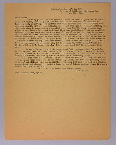 From O.W. Barrett to (Mrs. Lightner?), announcing the death of her son Isaac Lightner in battle