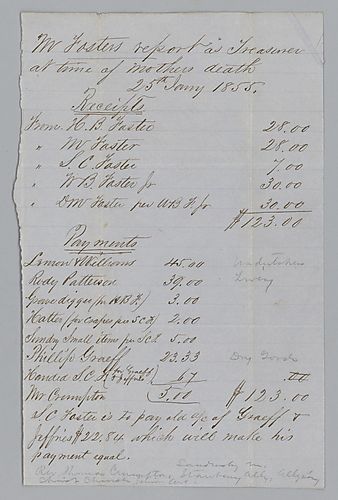Morrison Foster lists and receipts for expenses at the time of Stephen Foster's death