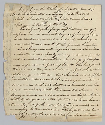 Charlotte Foster's Obituary (handwritten)