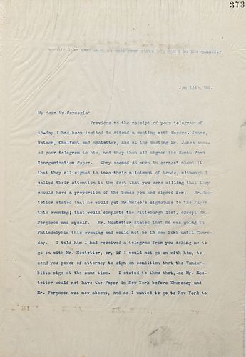 Frick Writes Carnegie to tell him the South Penn Reorganization Papers have been signed