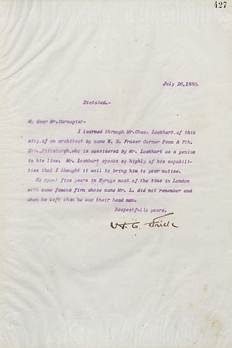 Frick dictates a letter to Carnegie regarding a Mr. Lockhart, who is a Pittsburgh architect