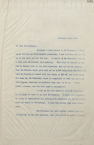 Frick writes Carnegie to discuss the agreement that took place between Mr. Townsend and Mr. Roberts regarding the price of rails. He also mentions holding off on South Penn and updates Carnegie regarding the Chicago group