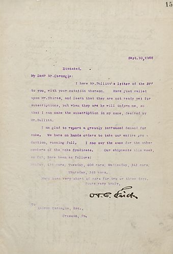Frick writes to Carnegie about a subscription for Mr. Bullitt and coke production, which is seeing a high output