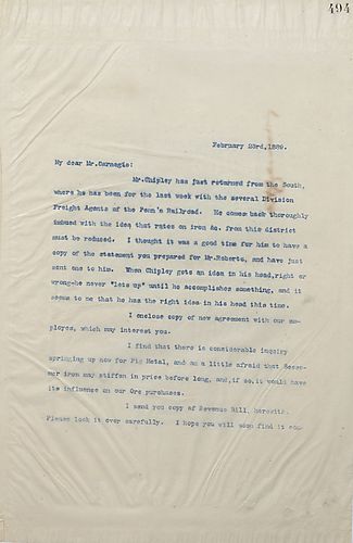 Frick writes to Carnegie that Mr. Chipley feels iron prices are too high and seeks to lower them and that pig metal interest is indeed on the rise