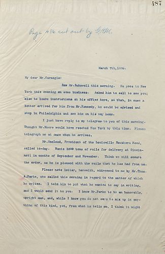 Frick writes Carnegie to inform him that Mr. MacLeod wanted rails and that Mr. Parke needs Carnegie to perform a favor for him which he will soon receive a letter about