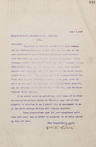 Frick writes to the Carnegie Company about a business proposition