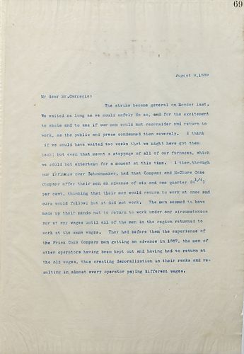 Frick writes on a coke strike [Schoonmaker, McClure, and South West Coal & Coke Co.] and the settlement terms