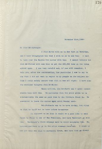 Frick writes Carnegie to update him on cenversations he has had with business associates, update him on the rising price of materials, and to mention that they should send Hurst to Chili and someone else to England