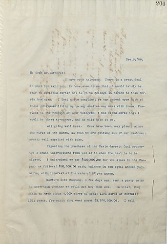Frick writes Carnegie to inform him that he has received his telegramand to discuss two possible acquisitions