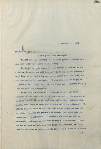Frick writes Carnegie to discuss a loss on investment and the current figures on cars shipped