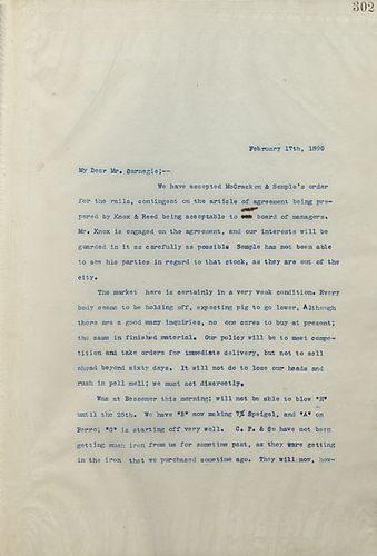 Frick writes on accepting a rail order from McCracken & Semple, the current weak market, and on his visit to Bessemer