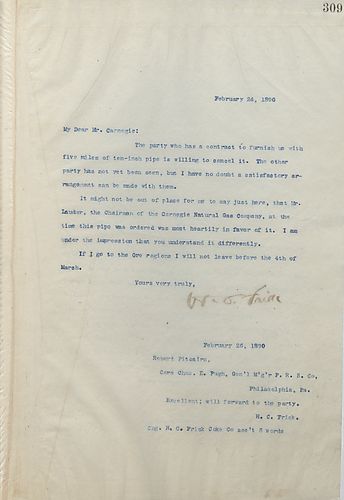 Frick writes Carnegie to tell him the pipe furninshing company is wiling to cancel the order