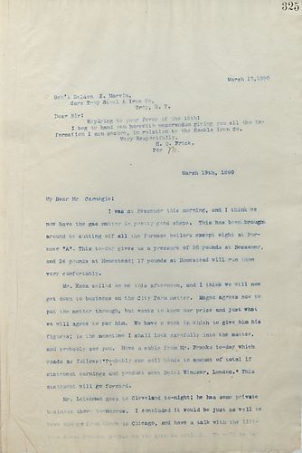 Frick writes carnegie about the status of machinery in both their facilities and Illinois Steek Company facilities in Chicago