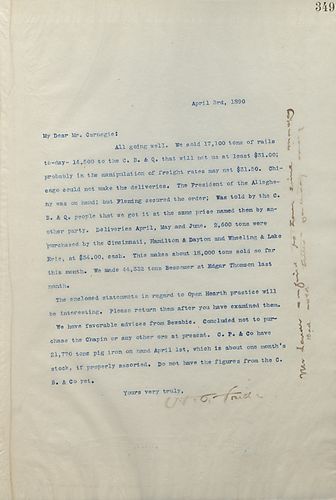 Frick writes Carnegie to inform him about productivity within the company