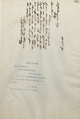 Frick writes Carnegie to notify him where he will be staying over the next few days