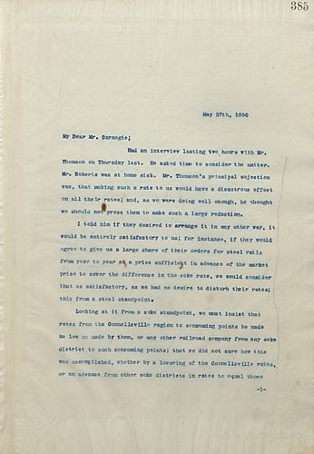 Frick writes Carnegie to inform him of a deal he discussed with Mr. Thompson and notify him that a key member of the administration was ill with headaches and would be taking a vacation
