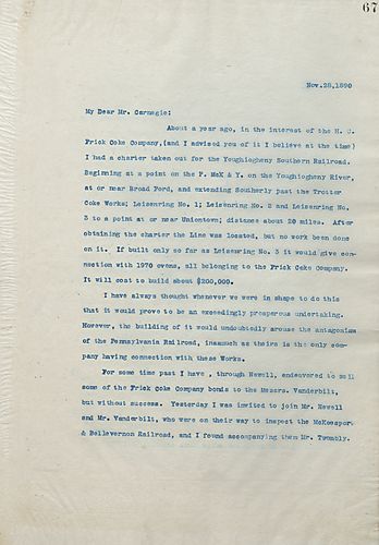 Frick writes Carnegie to discuss the possibility of opening up a new railroad line that would connect them to ovens which currently are only accessible through the Pennsylvania Railroad. He mentions the possibility of immense profit from this endeavor, bu