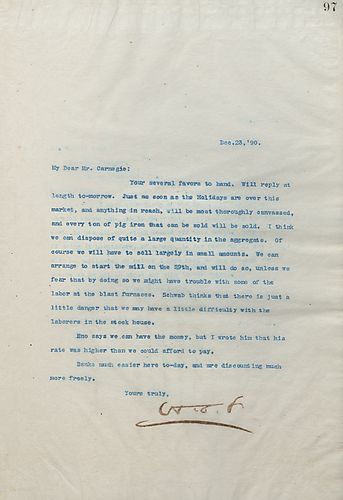 Frick writes on selling all of their pig iron and starting the mill on the 29th