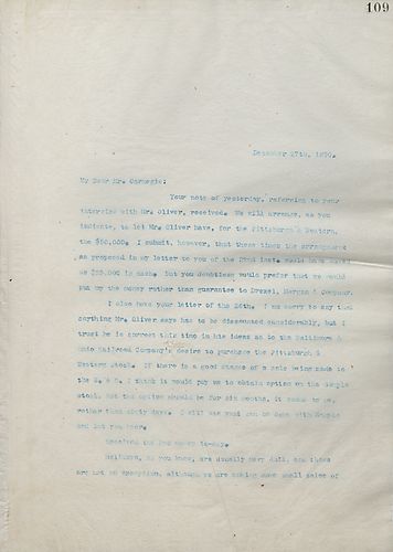 Frick writes Carnegie to discuss a monetary arrangement with Mr. Oliver over the Pittsburgh & Western, as well as to inform Carnegie of a fire that occurred at the United Coal and Coke Company works