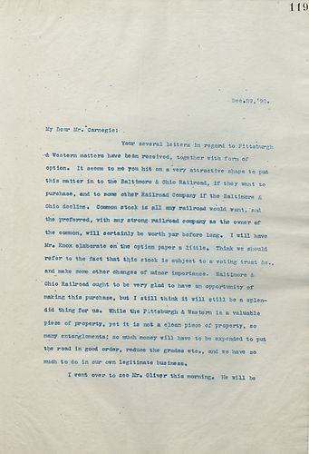 Frick writes to Carnegie to discuss a piece of property that is being developed and to discuss the breakdown of common stock