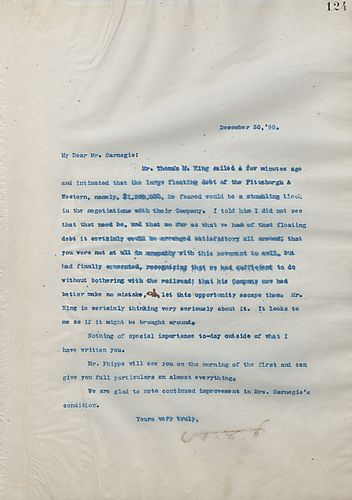 Frick writes on his conversation with Mr. Thomas M. King and how King thinks that Pittsburgh & Western's debt is a stumbling block in negotiations with his company