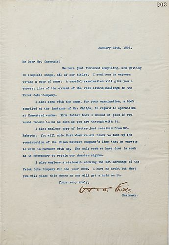 Frick writes Carnegie entrusting him with information regarding the property holdings of the Frick Coke Company, their earnings for 1890, and comments on a book compiled by Mr. Childs