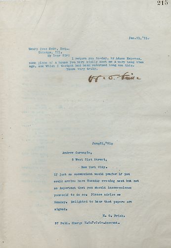 Frick asks if Carnegie could arrive next Tuesday and is delighted that papers are signed