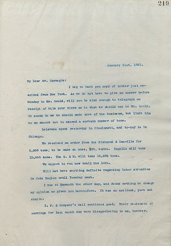 Frick would like Carnegie to telegraph his thoughts on what they should say to Mr. Gould. Also, an order from Richmond & Danville was received, and Frick thinks [Thomas] Morrison will be a good manager for Duquesne