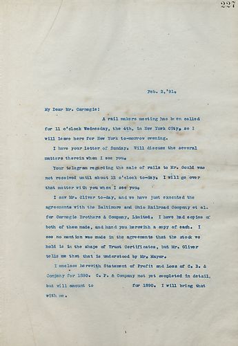 Frick writes Carnegie that he will attend a rail maker's meeting in New York City on Wednesday and lists issues he will discuss with Carnegie in person