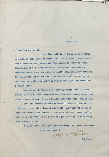 Frick writes that T.M. King is please with the recent deals and was discussing possible locations for the main station. Nothing new to report on the coke situation, except McClure Coke Company is voluntarily closing down. Also, Mr. Scott's friends is will