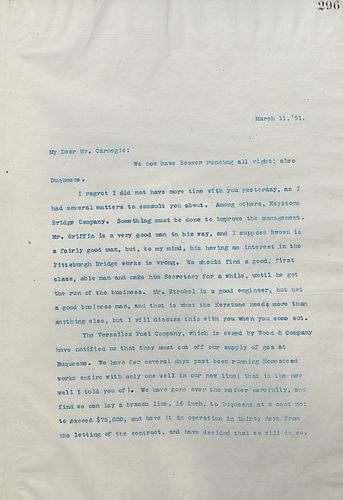 Frick writes Carnegie to describe an issue he wishes to discuss which is the management of the Keystone Bridge Company, he also mentions multiple small pieces of business