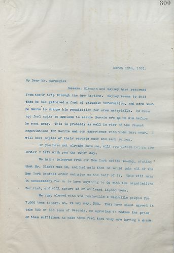 Frick writes that Messrs. [Daniel] Clemson, and [James] Gayley returned from their trip through the ore regions, and Gayley has new thoughts on Norrie ore. Mr. Clarke was in the their New York [N.Y.] office today discussing the New York Central order, and