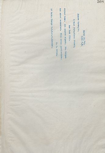 Frick wires Carnegie that [Henry] Oliver is home, papers are signed, and Mr. Morgan has almost consented