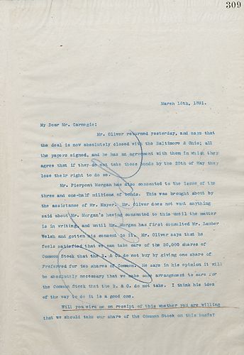 Frick writes Carnegie to discuss the closing of a contract with the B & O, asking if the common stock will be taken by Carnegie