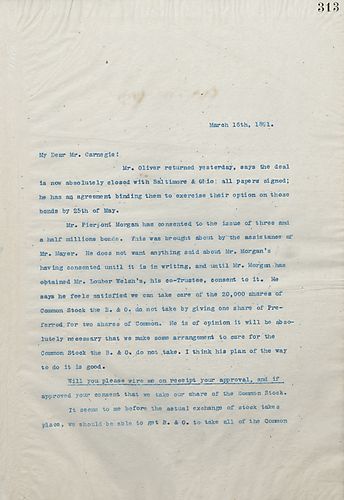 Frick writes Carnegie that the B & O contract is closed and asks for an immediate wire consenting or denying the acquiring of common stock