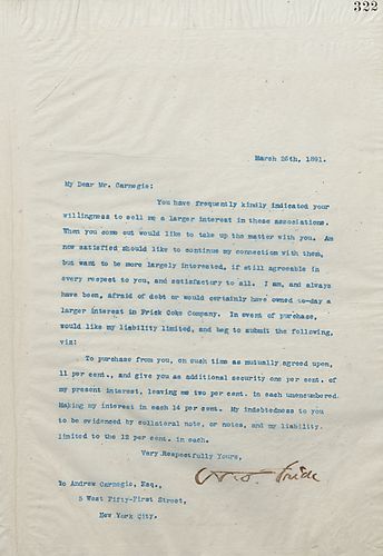 Frick writes Carnegie to reopen a conversation between them regarding Carnegie selling Frick something, presumably stock