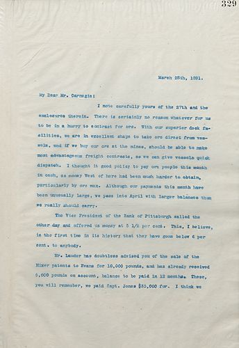 Frick writes that he doesn't think they should be in a hurry to make a contract for ore, the Bank of Pittsburgh is offering money at a reduced price, high sulpher iron was shipped to Duquesne, and Frick will wire him when the coke strike ends
