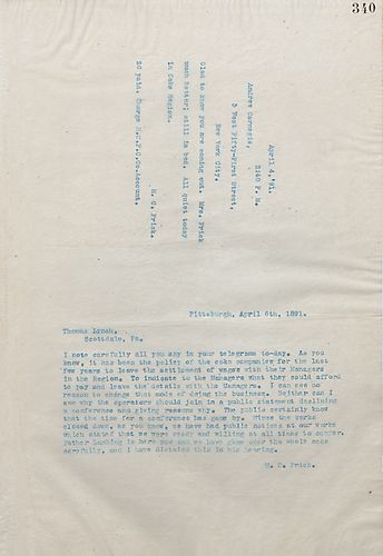 Frick wires Carnegie that he is glad about Carnegie's upcoming visit, and the Coke Region is still quiet