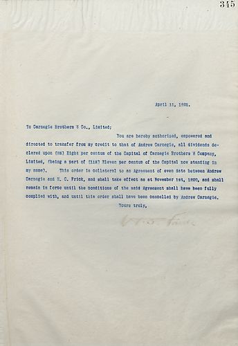 Frick writes on the authorization to transfer from his credit all dividends declared upon the capital of Carnegie Brothers & Co