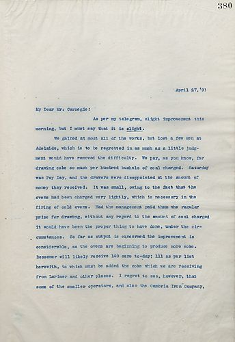 Frick writes that there has been slight improvement. They have gained almost all of the works, except a few men at Adelaide. There were complaints from workers that pay was low