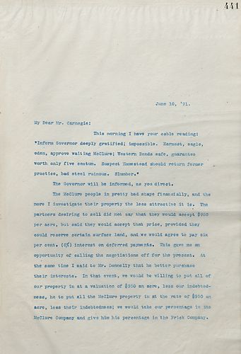 Frick received Carnegie's telegram, and he thinks that the McClure property is less desirable because of the bad financial status of the partners. Frick also writes on the Pittsburgh & Western bonds and practices at Homestead