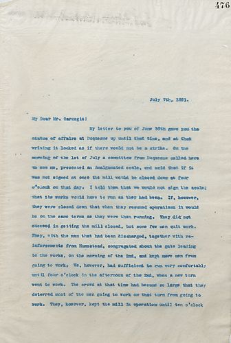 Frick writes Carnegie to give a detailed explanation about the strike at Duquesne and explains that they will pay all of the men in full then tell them they will open on a specified day, any open positions will be filled by new employees. Frick feel confi