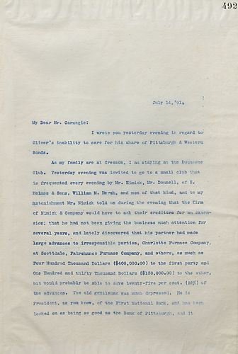 Frick writes on Mr. Nimick's [Nimick & Company] troubling financial situation and his business relations with Mr. Henry Oliver