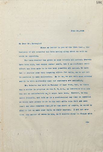Frick writes Carnegie to tell him they are having difficulty pleasing their customers and are having to turn away rail orders because they can't deliver them. He also mentions that May's statement was disappointing and that the Penn & Westmoreland miners 